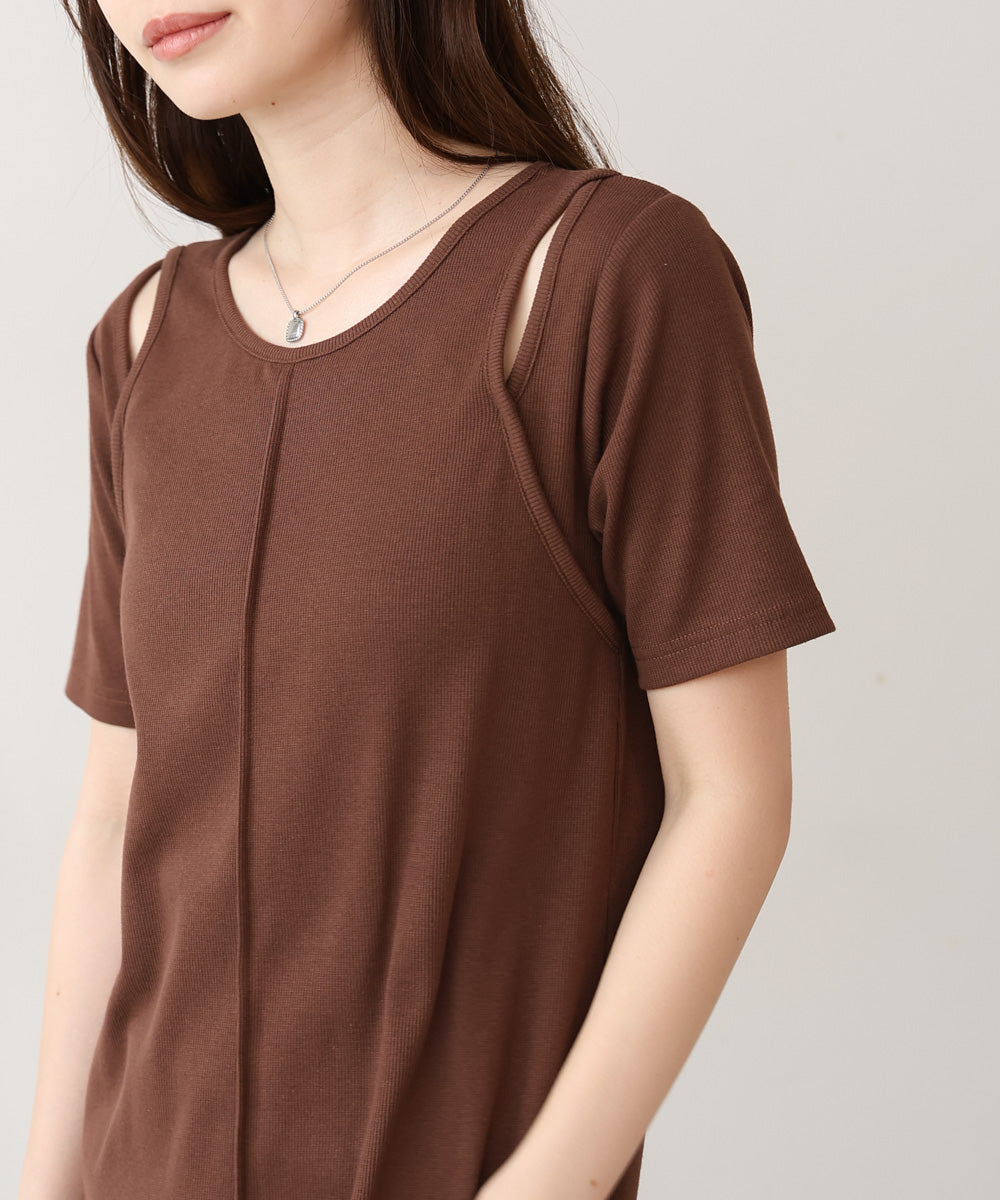 リブカットソーレイヤード風半袖ワンピース