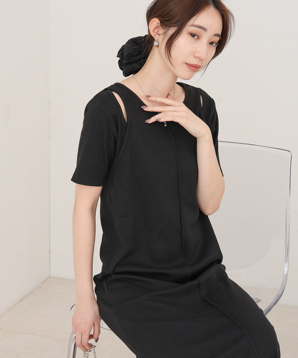 リブカットソーレイヤード風半袖ワンピース