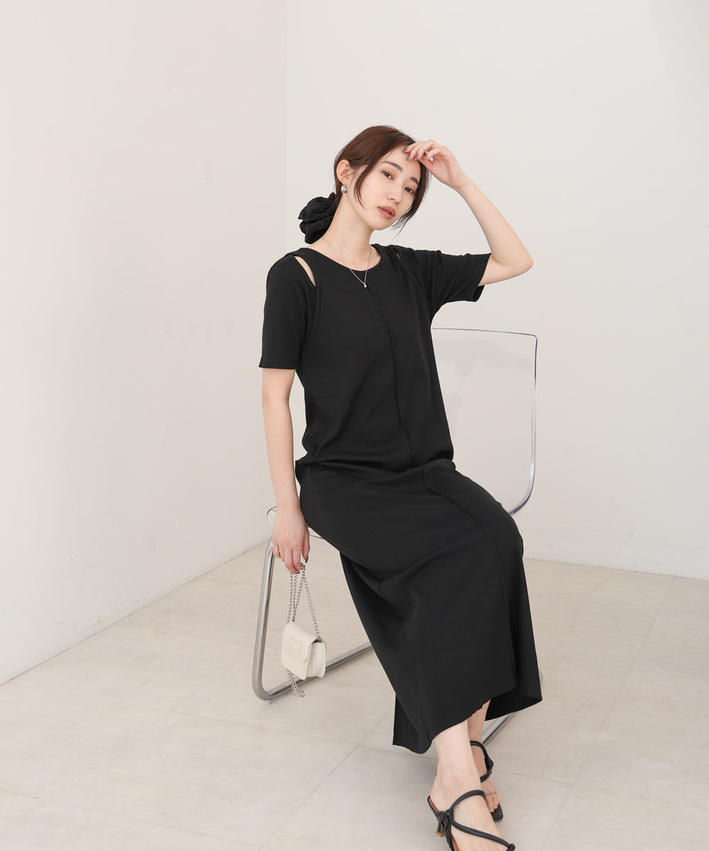 リブカットソーレイヤード風半袖ワンピース