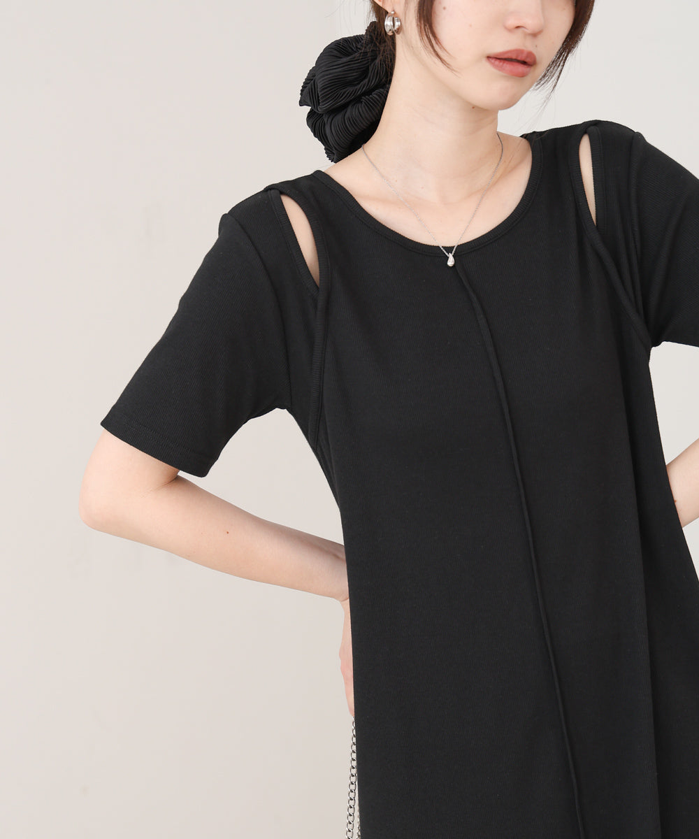 リブカットソーレイヤード風半袖ワンピース