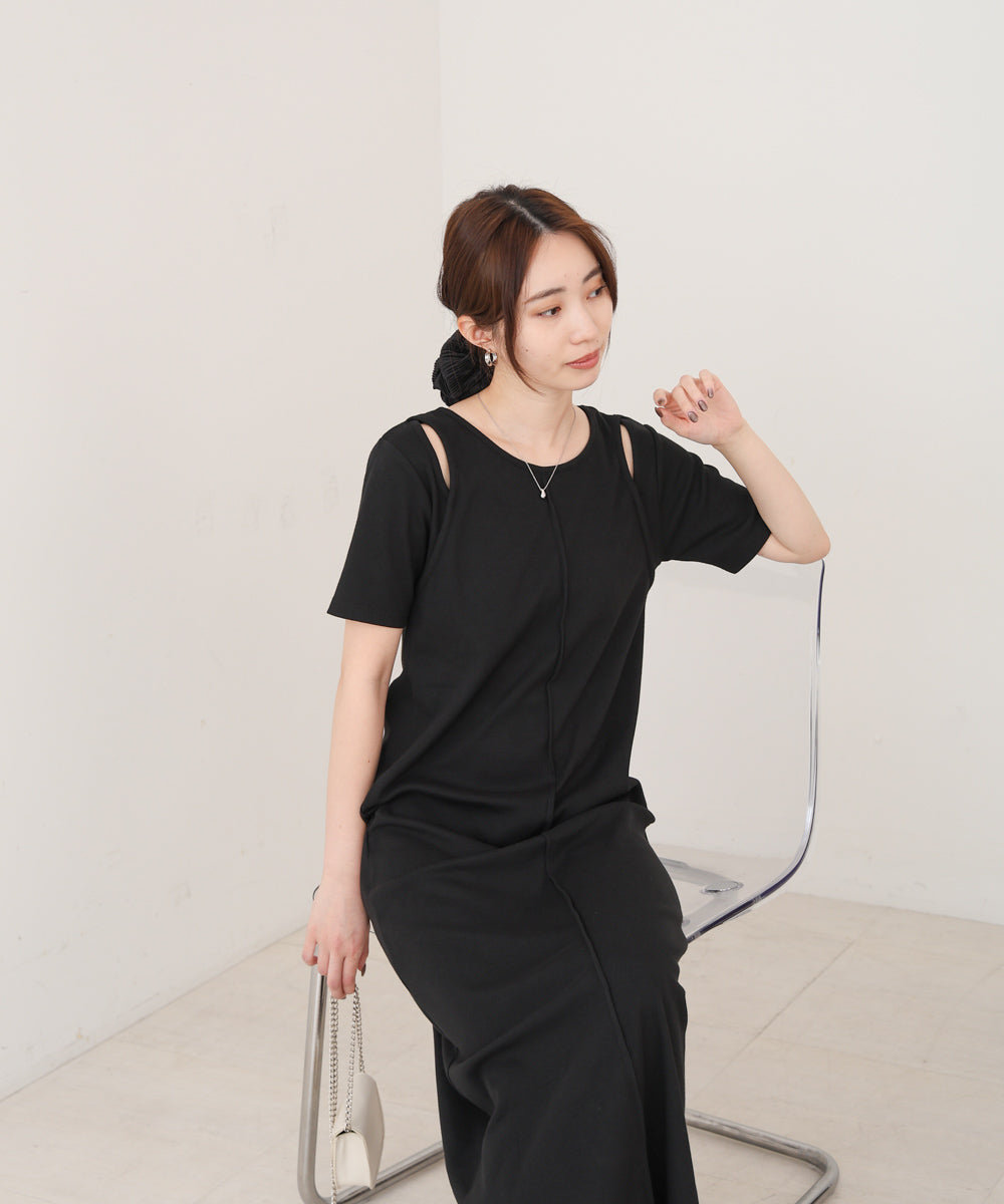 リブカットソーレイヤード風半袖ワンピース