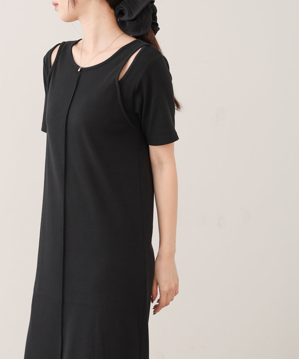 リブカットソーレイヤード風半袖ワンピース