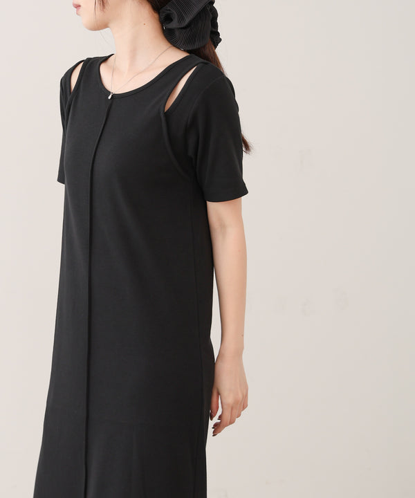 リブカットソーレイヤード風半袖ワンピース