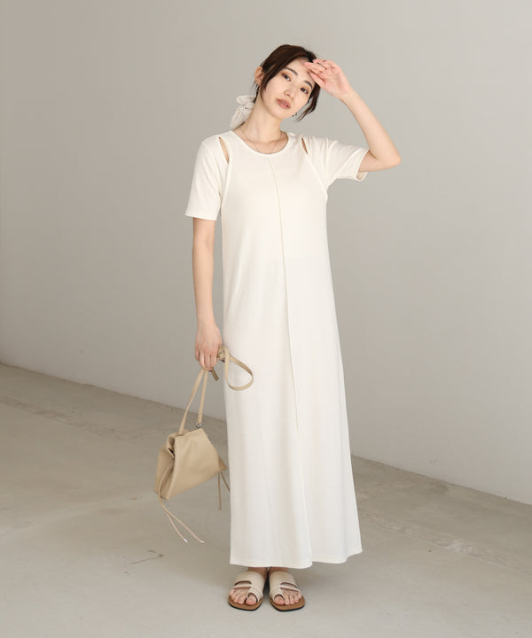 リブカットソーレイヤード風半袖ワンピース