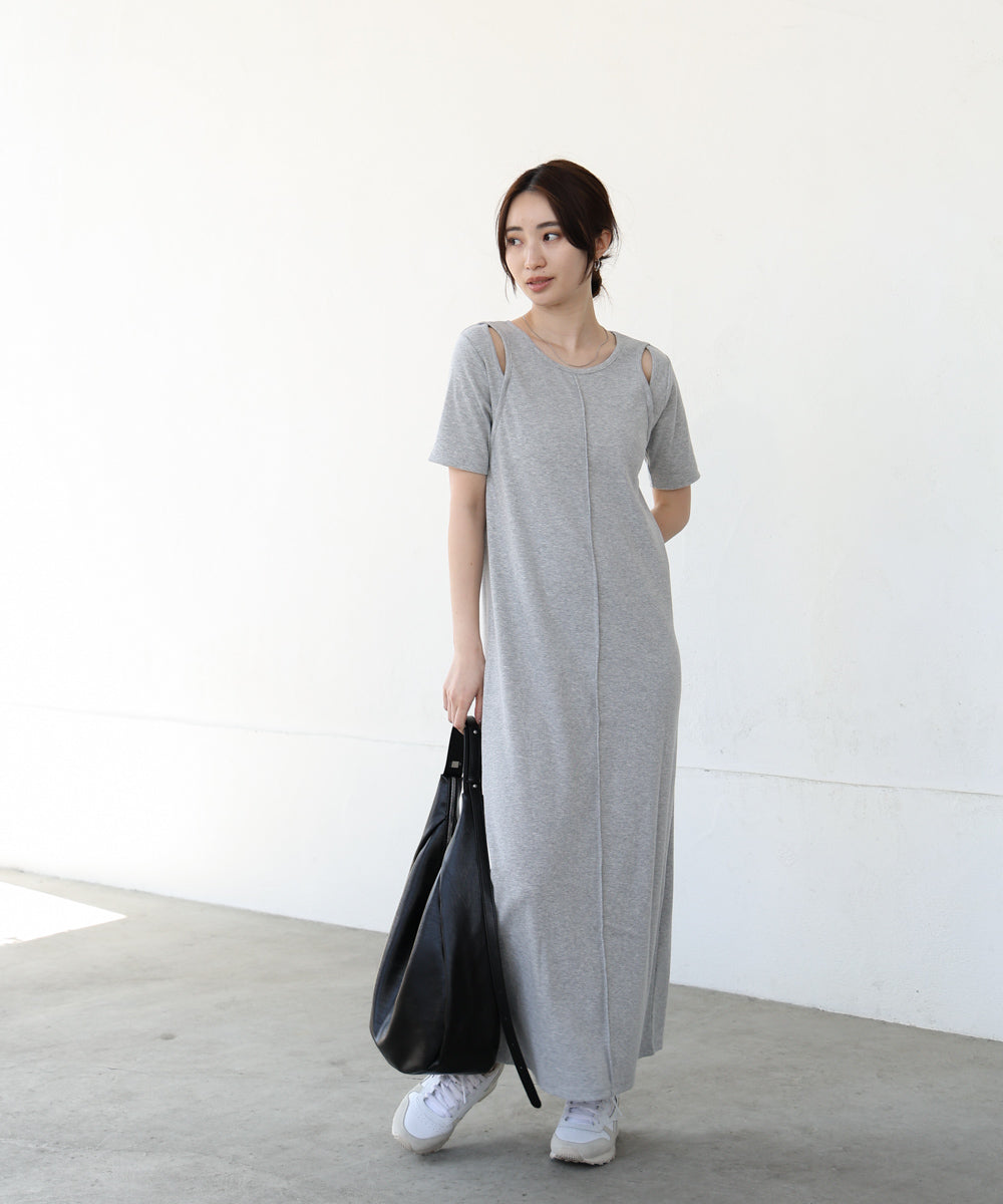 リブカットソーレイヤード風半袖ワンピース