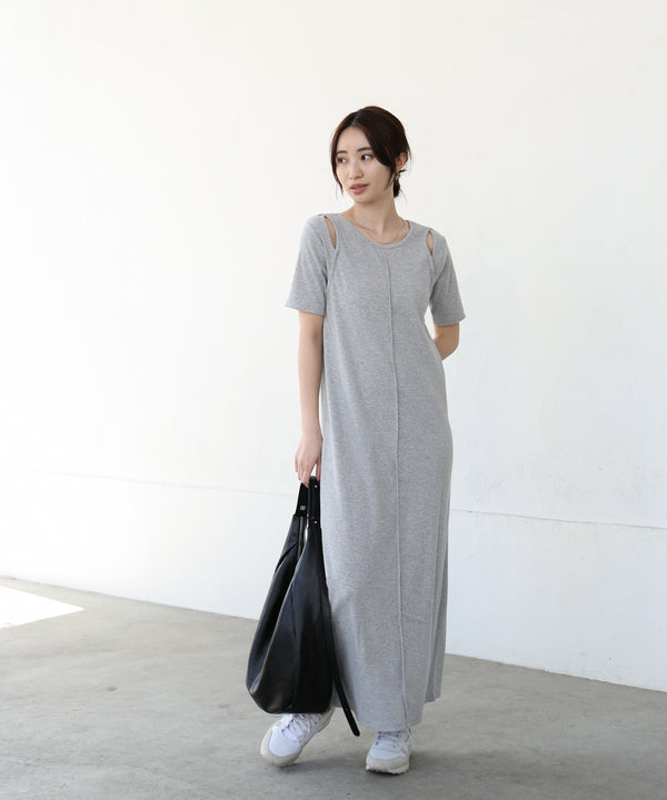 リブカットソーレイヤード風半袖ワンピース