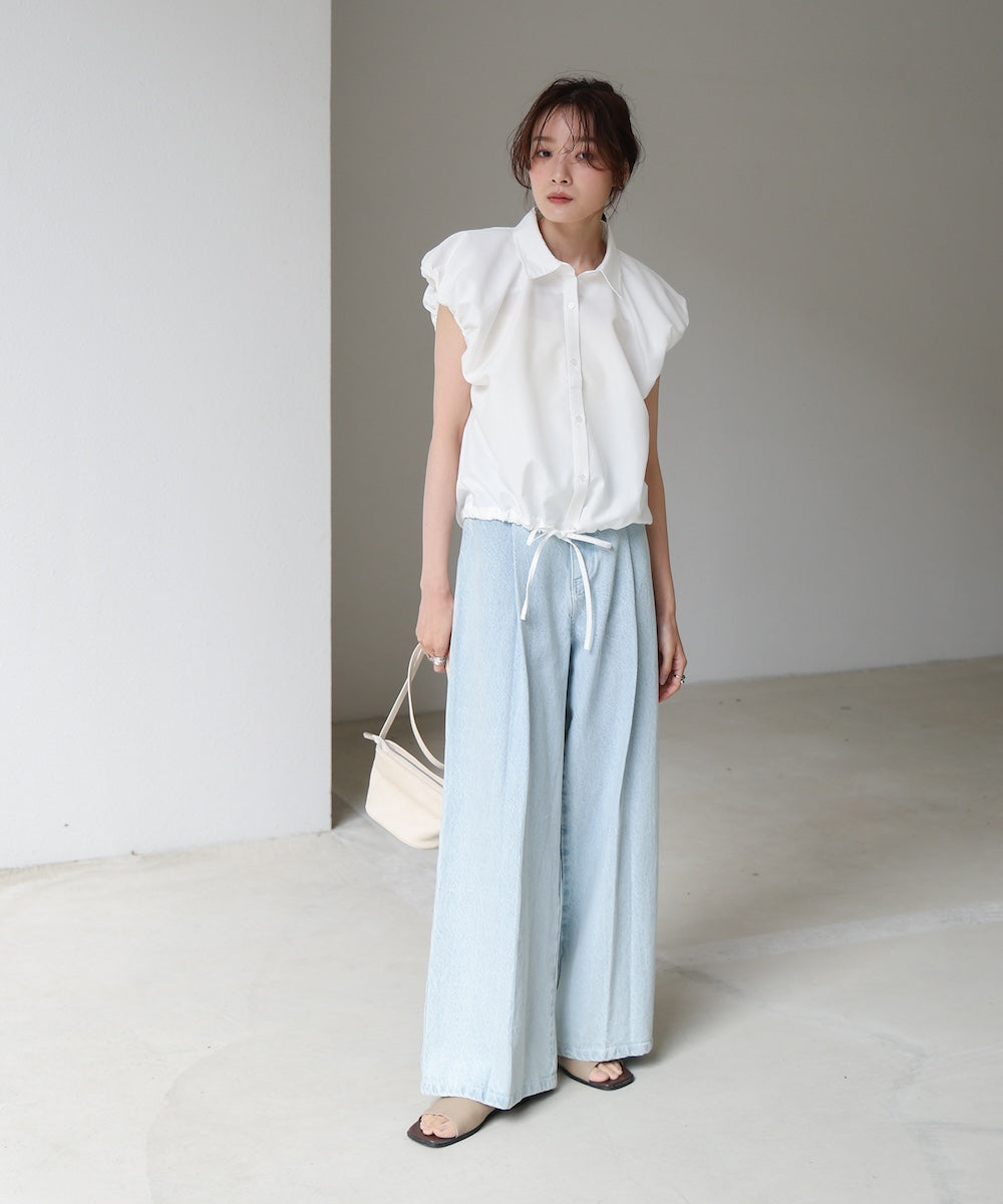 ブロード裾リボンバルーンスリーブシャツ
