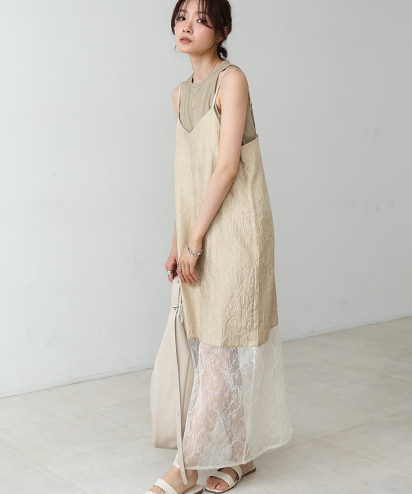 シワ加工サテンチュールレース切替キャミワンピース