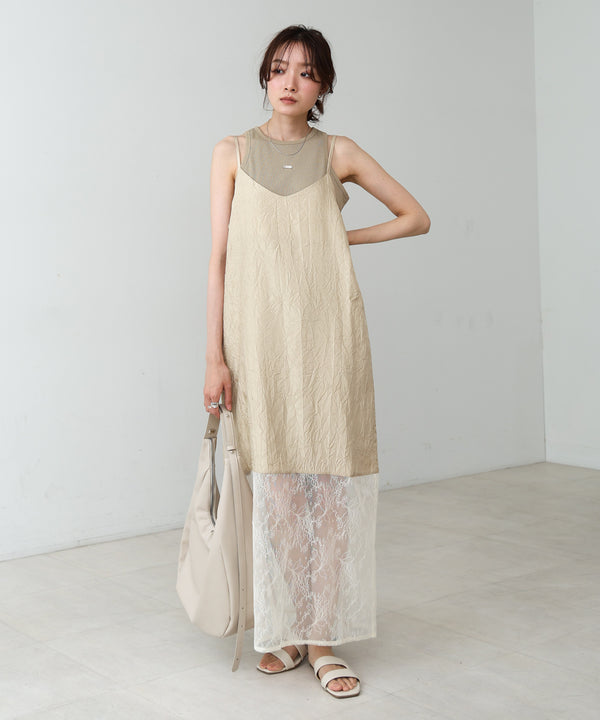 シワ加工サテンチュールレース切替キャミワンピース