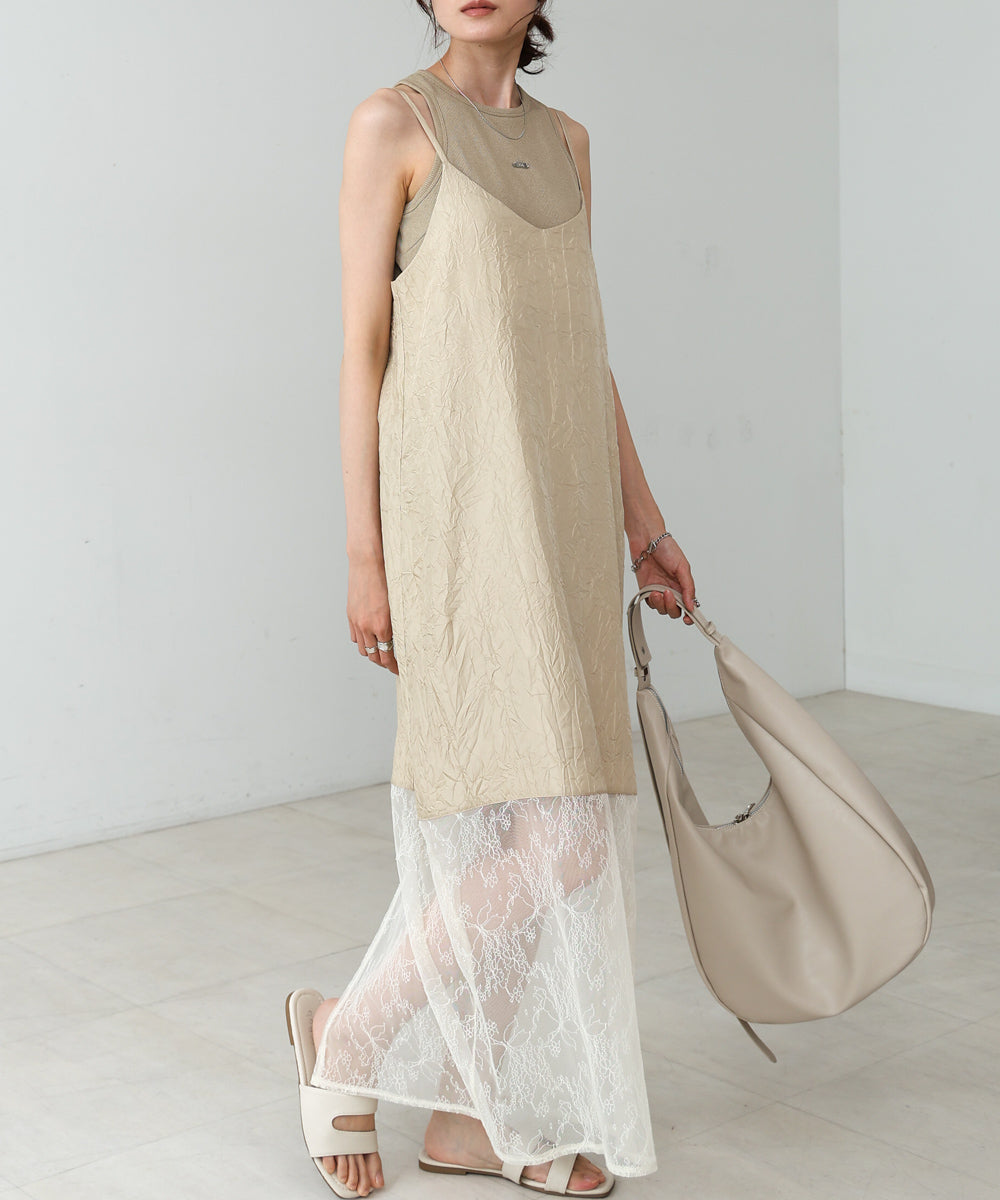シワ加工サテンチュールレース切替キャミワンピース