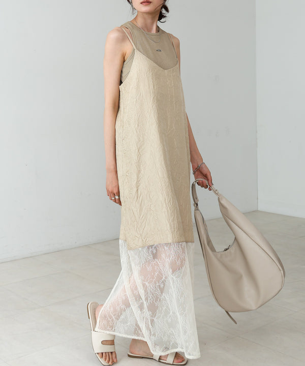 シワ加工サテンチュールレース切替キャミワンピース