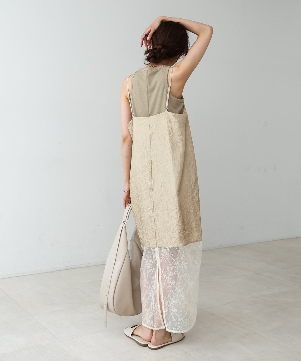 シワ加工サテンチュールレース切替キャミワンピース