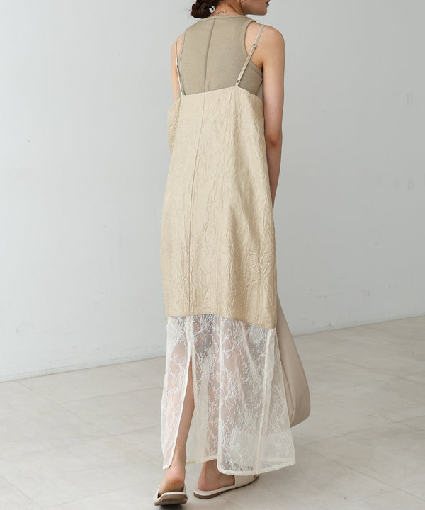 シワ加工サテンチュールレース切替キャミワンピース