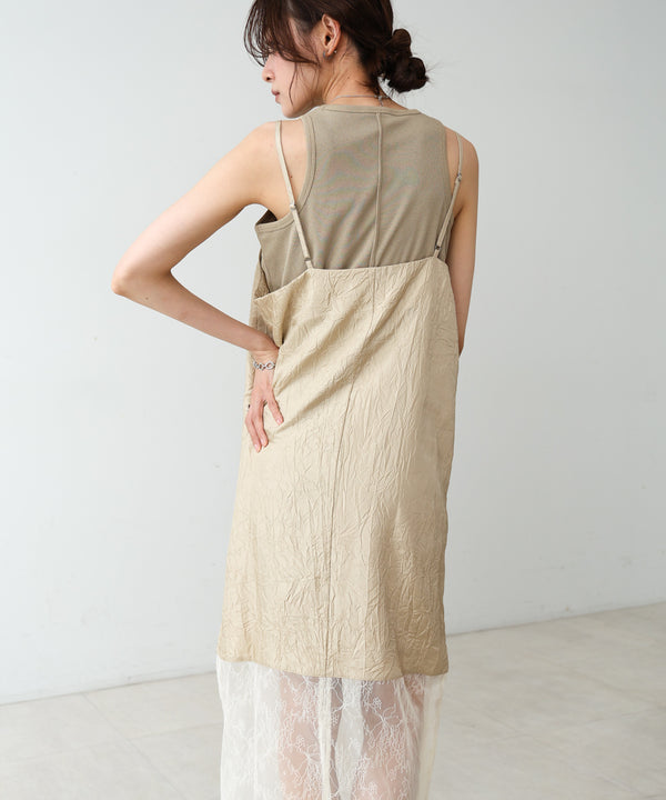 シワ加工サテンチュールレース切替キャミワンピース