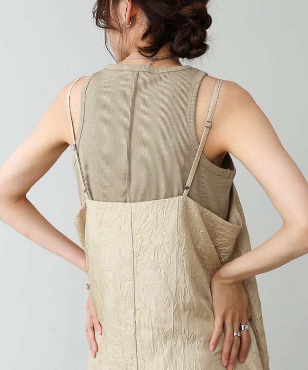 シワ加工サテンチュールレース切替キャミワンピース