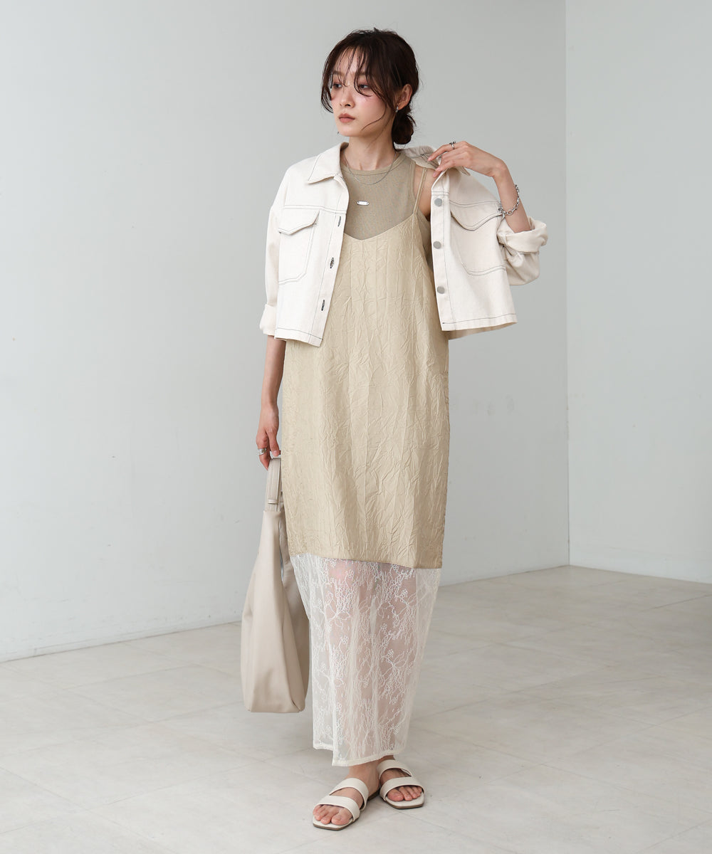 シワ加工サテンチュールレース切替キャミワンピース