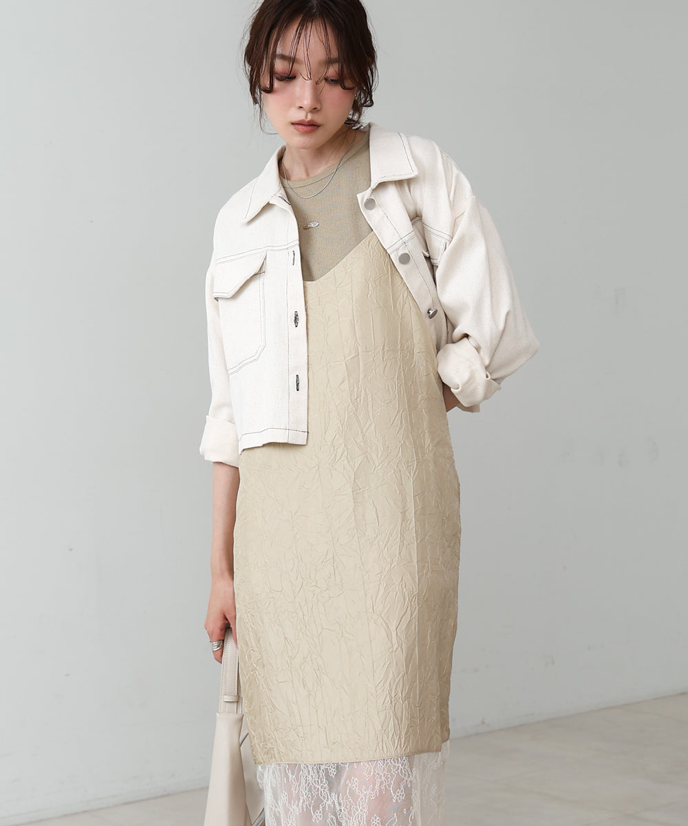 シワ加工サテンチュールレース切替キャミワンピース