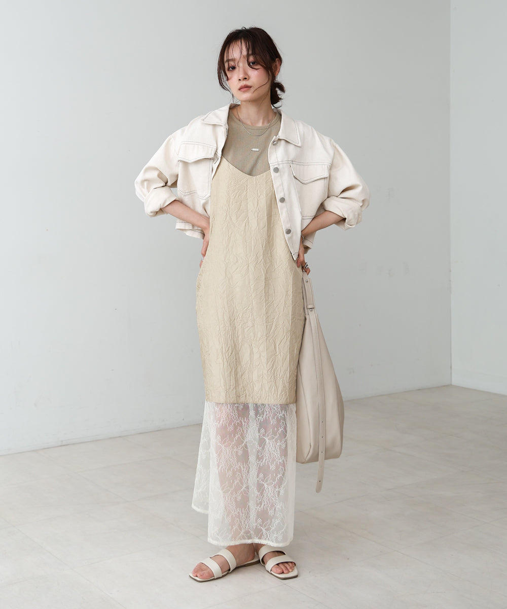 シワ加工サテンチュールレース切替キャミワンピース