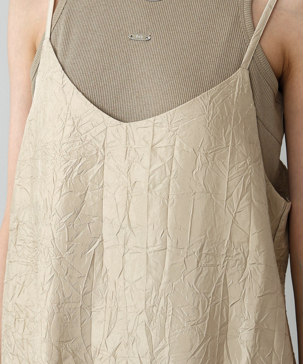 シワ加工サテンチュールレース切替キャミワンピース