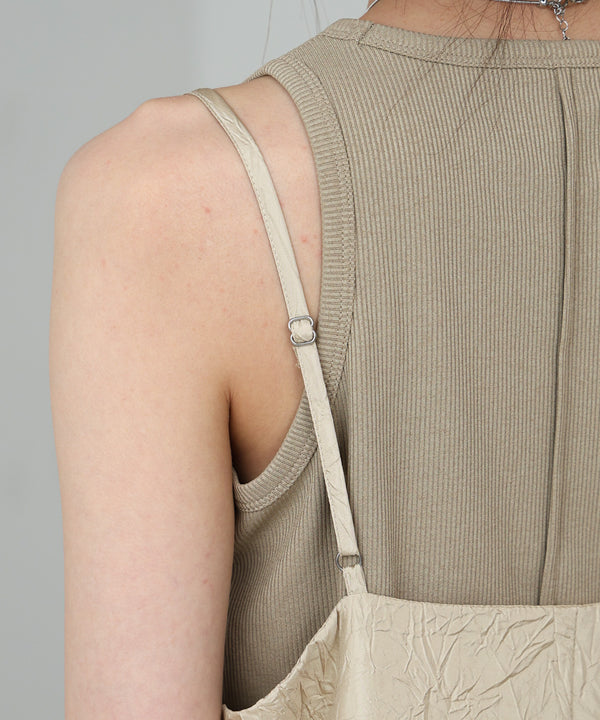 シワ加工サテンチュールレース切替キャミワンピース