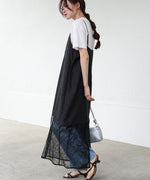 シワ加工サテンチュールレース切替キャミワンピース