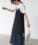 シワ加工サテンチュールレース切替キャミワンピース