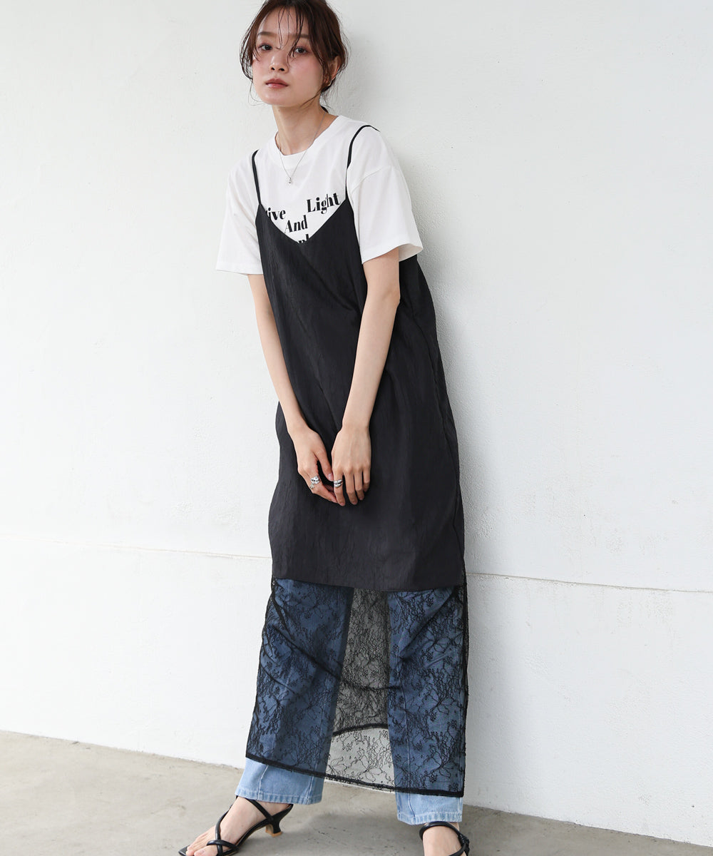 シワ加工サテンチュールレース切替キャミワンピース