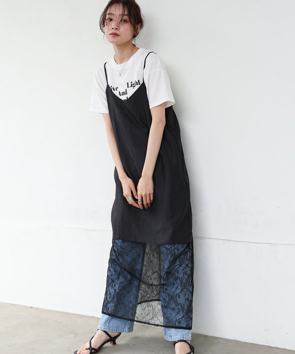 シワ加工サテンチュールレース切替キャミワンピース