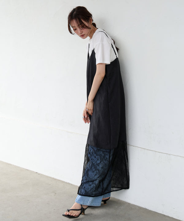 シワ加工サテンチュールレース切替キャミワンピース