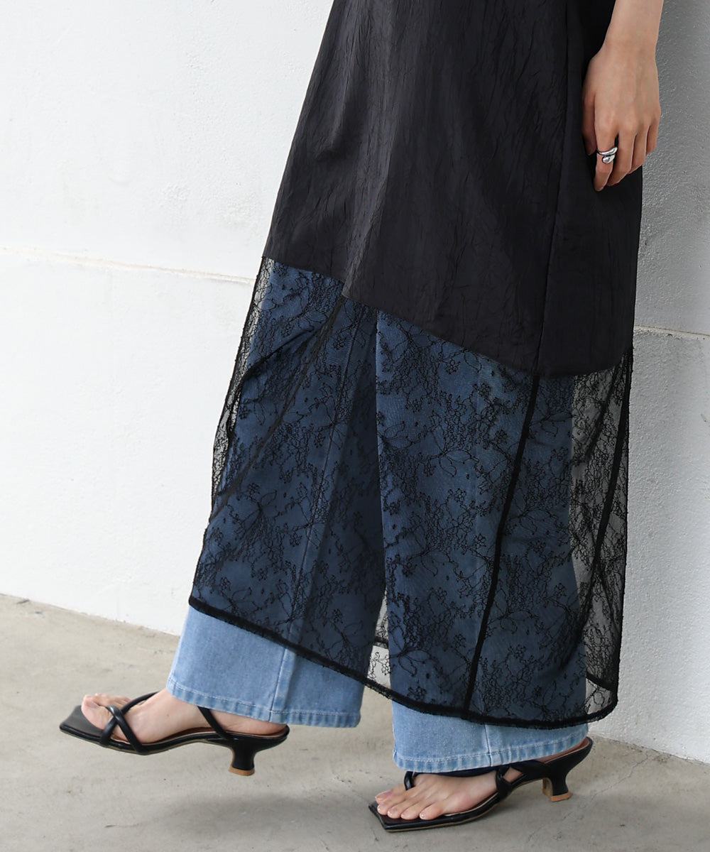 シワ加工サテンチュールレース切替キャミワンピース