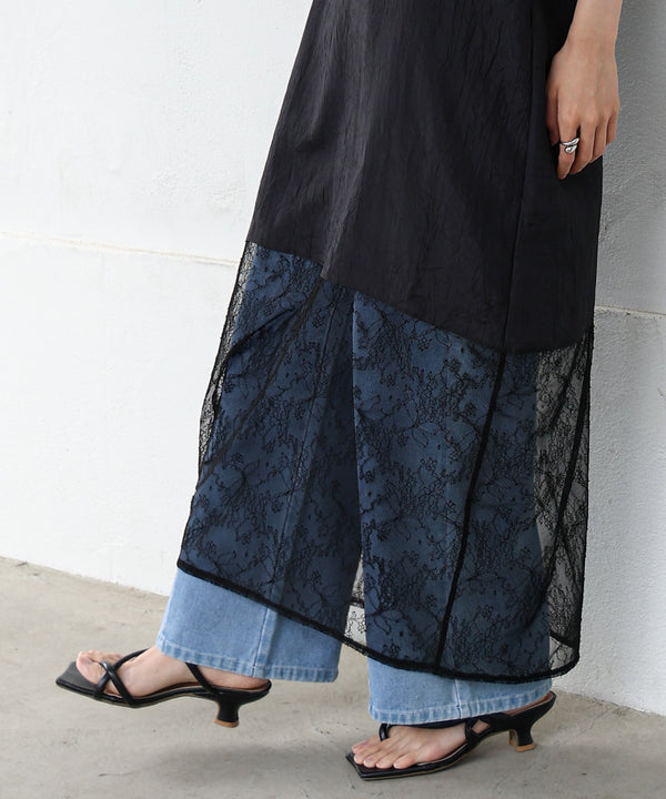 シワ加工サテンチュールレース切替キャミワンピース