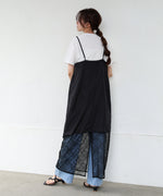 シワ加工サテンチュールレース切替キャミワンピース