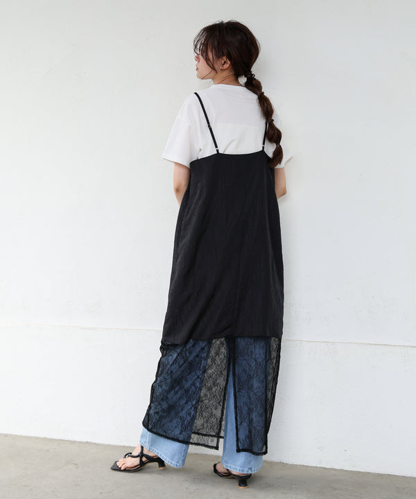 シワ加工サテンチュールレース切替キャミワンピース