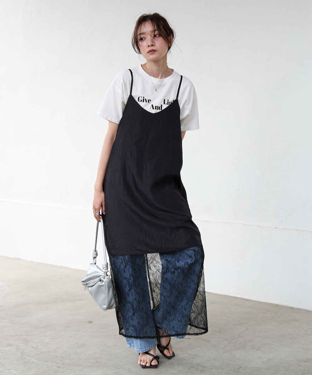 シワ加工サテンチュールレース切替キャミワンピース