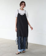 シワ加工サテンチュールレース切替キャミワンピース