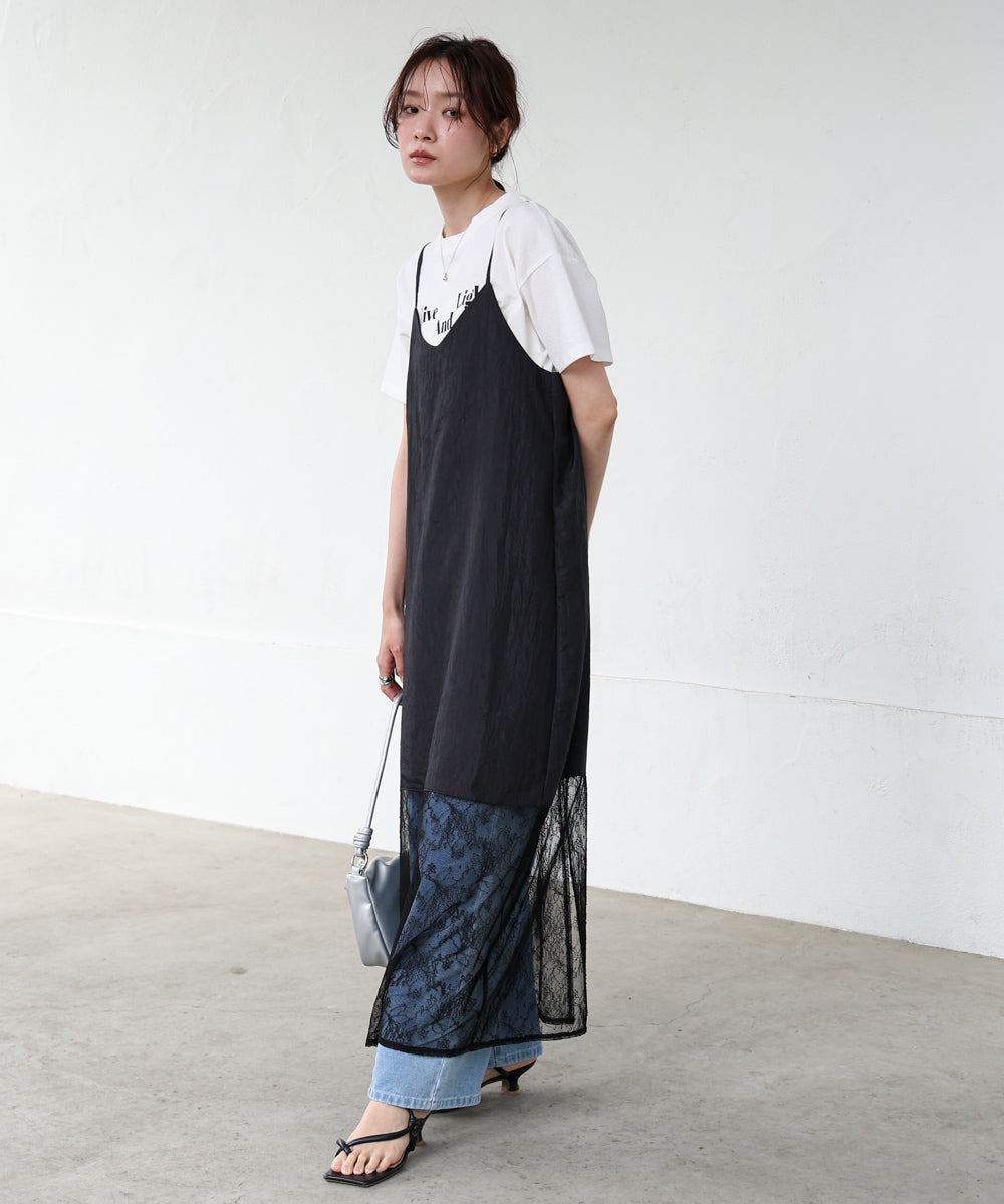 シワ加工サテンチュールレース切替キャミワンピース