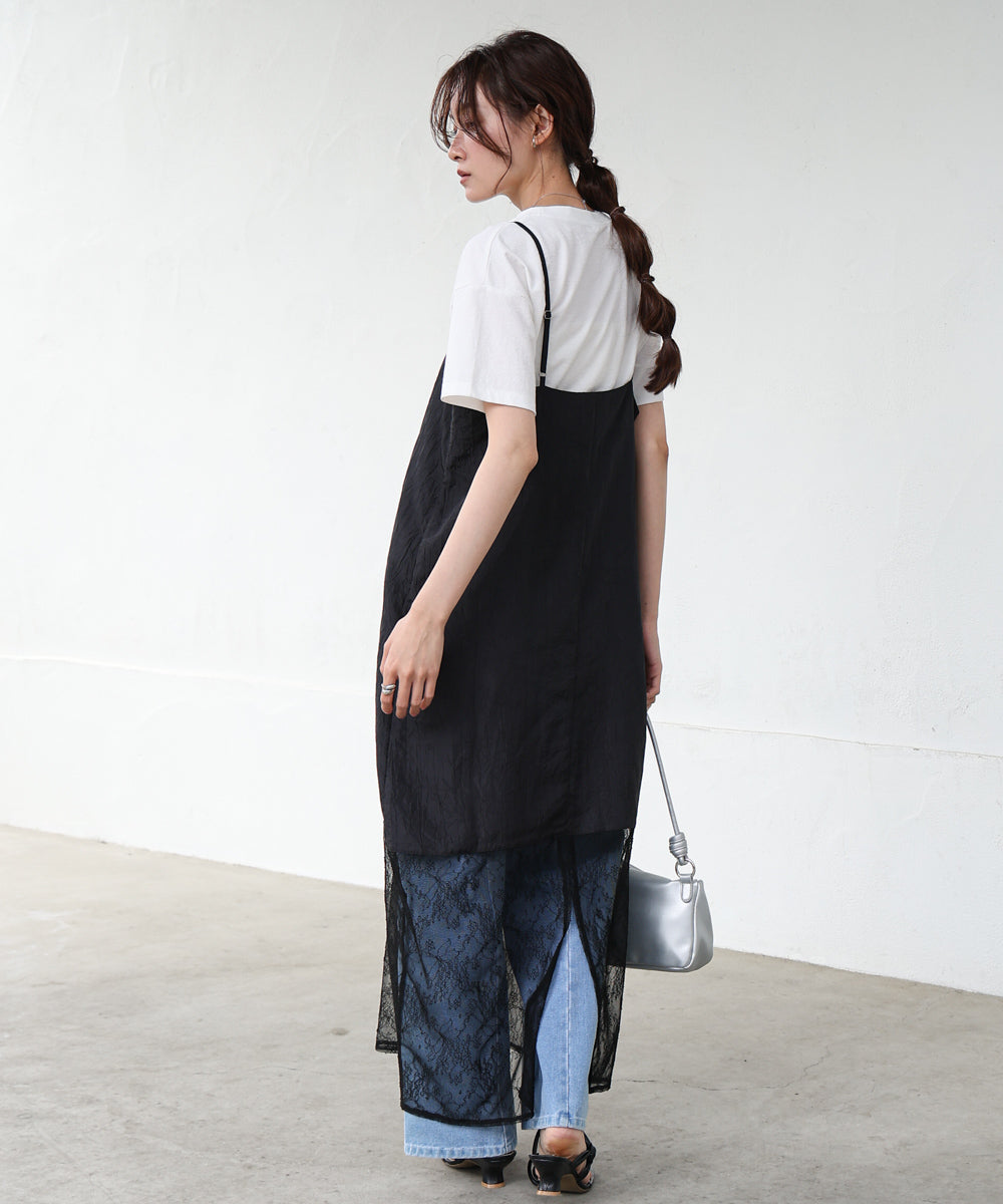 シワ加工サテンチュールレース切替キャミワンピース