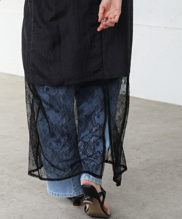 シワ加工サテンチュールレース切替キャミワンピース