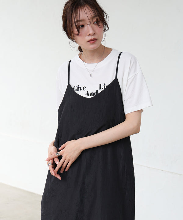 シワ加工サテンチュールレース切替キャミワンピース