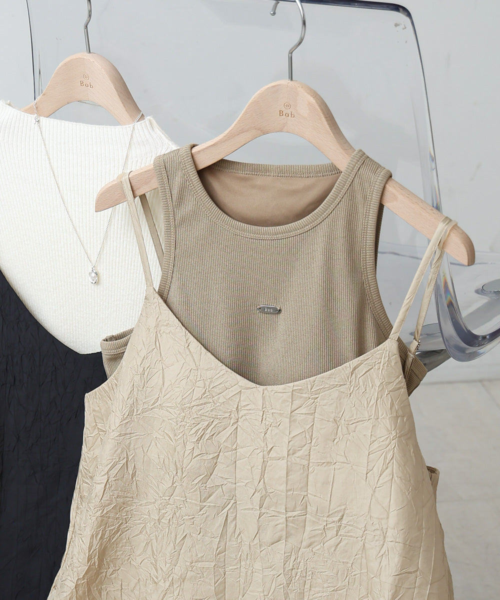 シワ加工サテンチュールレース切替キャミワンピース