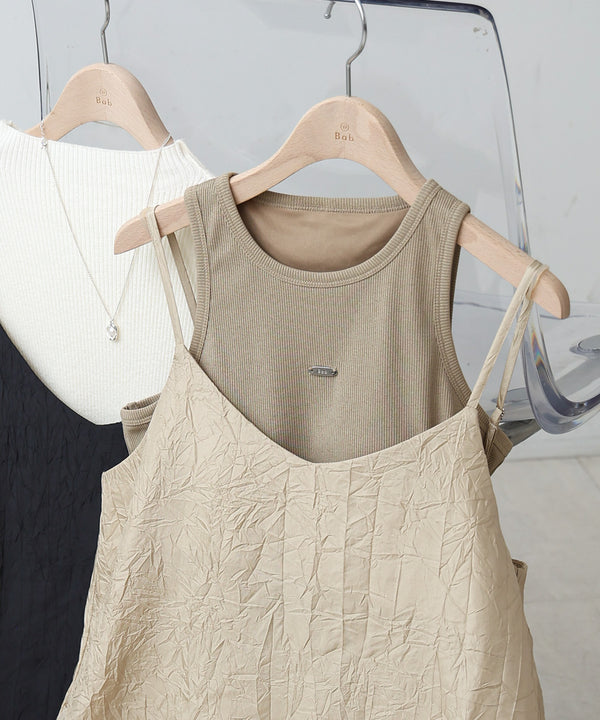 シワ加工サテンチュールレース切替キャミワンピース