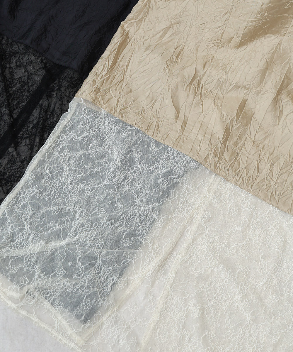 シワ加工サテンチュールレース切替キャミワンピース