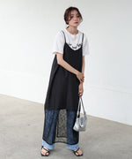 シワ加工サテンチュールレース切替キャミワンピース