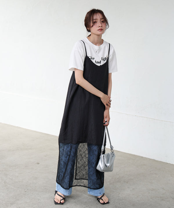 シワ加工サテンチュールレース切替キャミワンピース