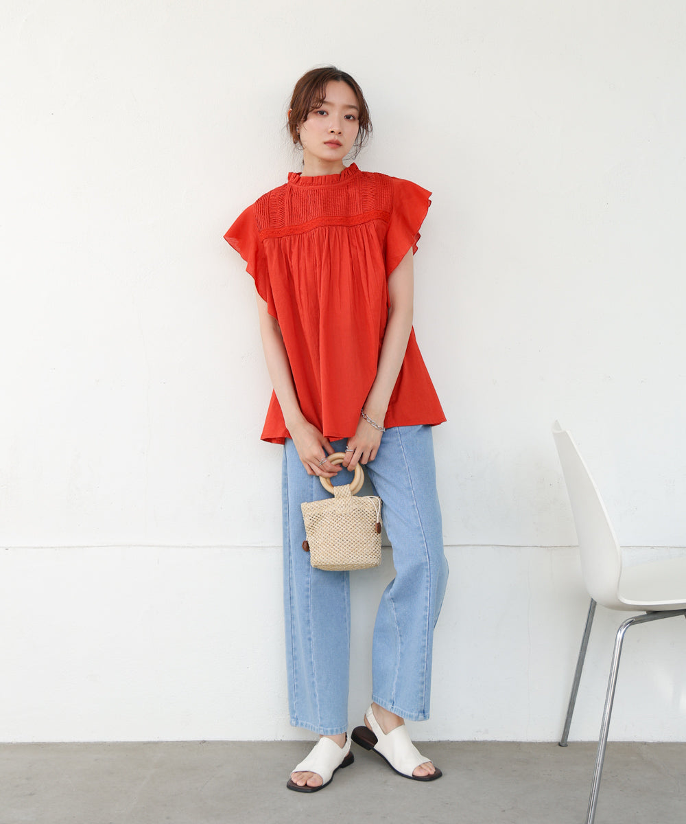 キャンブリックボイル　ピンタックフリルブラウス