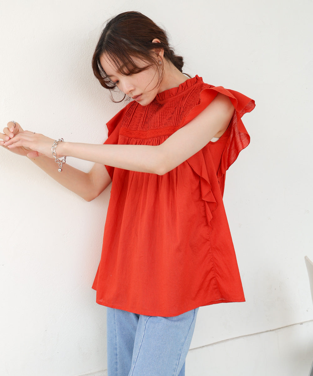 キャンブリックボイル　ピンタックフリルブラウス