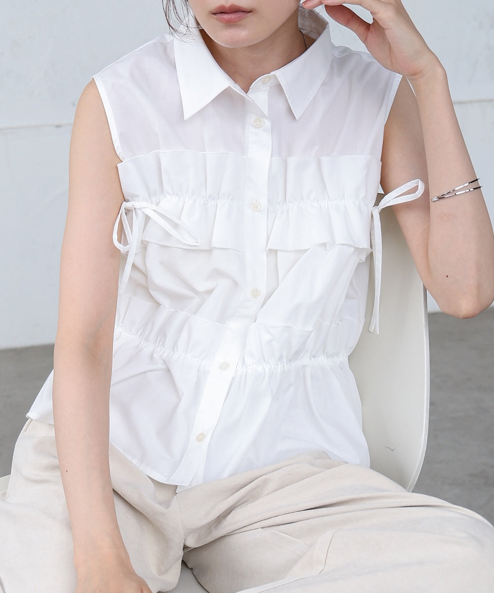 リボンギャザーノースリーブブラウス