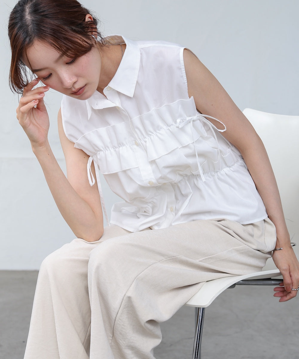 リボンギャザーノースリーブブラウス