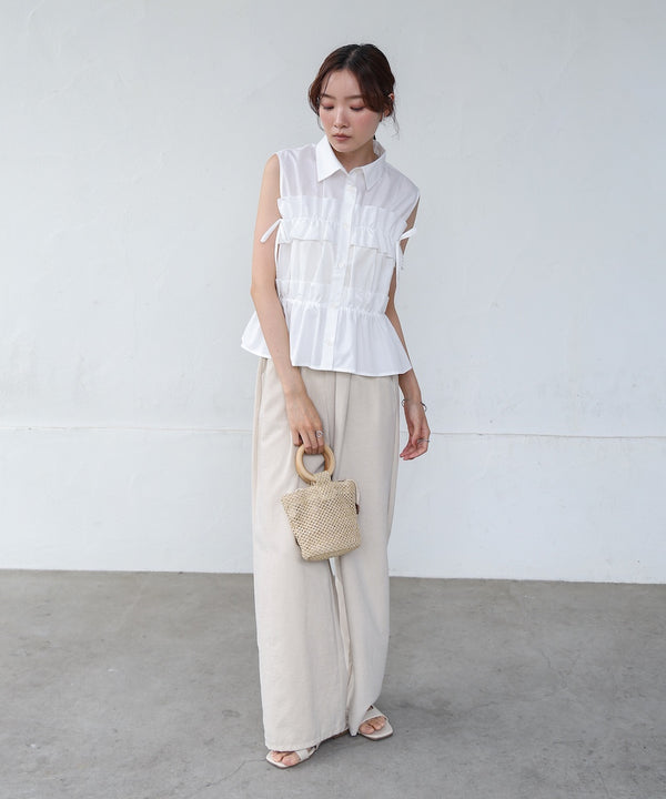 リボンギャザーノースリーブブラウス