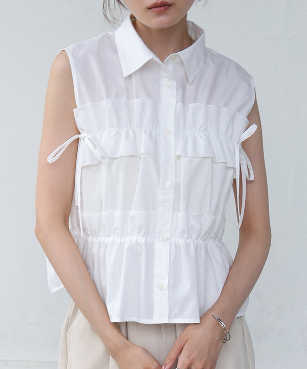 リボンギャザーノースリーブブラウス